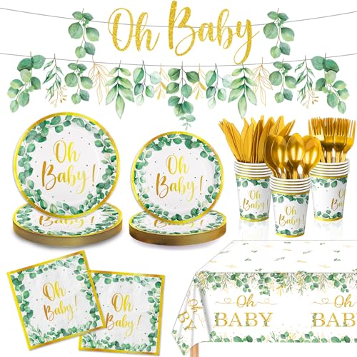 177 Stück Salbeigrün Babyparty Partyzubehör geschlechtsneutrale Babyparty-Dekorationen OH Baby Banner Pappteller Servietten Tasse Besteck Tischdecke für Mädchen Jungen Salbeigrün von QIYANPAX