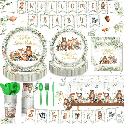 Woodland Baby Shower Party Supplies Woodland Animals Birthday Party Decorations Include Plates, Cups, Napkins, Cutlery, Banner, Tablecloth for Woodland Baby Shower Decorations, Serve 24 Guests von QIYANPAX