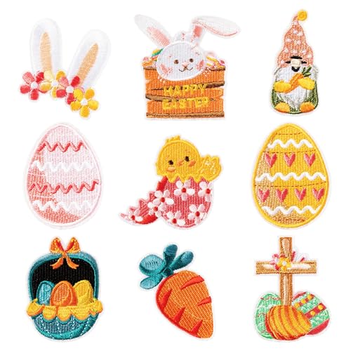 Aufnäher Ostern Dekoration, 9 PCS Bügelflicken Kinder, Bestickte Flicken Patches Ostern, Flicken zum Aufbügeln Kinder, Bügel Applikationen für DIY Osterdekorationen, Kleidung, Schultaschen (C) von QIZHIQIAMY