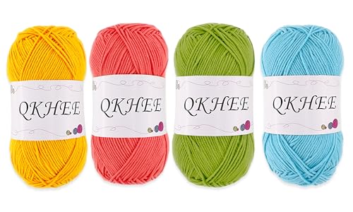 QKHEE Baumwollgarn zum Häkeln und Stricken, 4 x 100 g, DK (leicht), weiches Garn, 60 % Baumwolle, 40 % Acryl, Häkelgarn für Granny-Quadrate und Amigurumi (bunt) von QKHEE