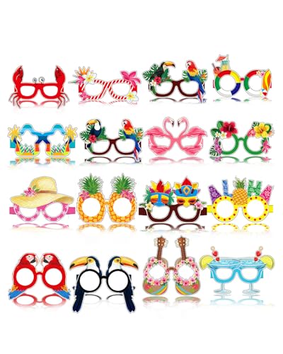 QLEUIFT 16 Stile Hawaii Partybrillen Maske,Hawaii Tropisch Papier Partybrillen Tiki Luau Party Gastgeschenke für Kinder Erwachsene,Lustige Aloha Hawaii Foto Requisiten Sommer Strand Pool Partybrillen von QLEUIFT