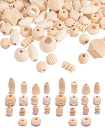 QLEUIFT 200g Verschiedene Natürliche Holzperlen Round & Cube & Polygon & Rondelle & Oval & Column Spacer Beads Unvollendete Lose Holzperlen Für Die Schmuckherstellung von Armbandketten von QLEUIFT