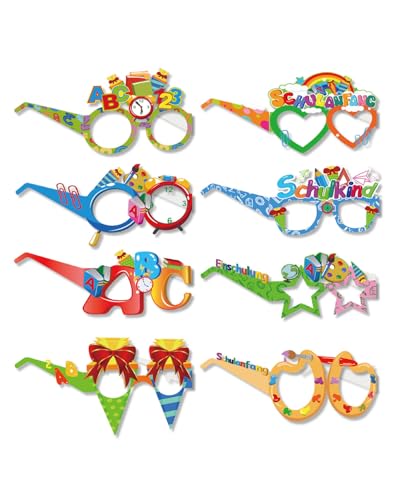 QLEUIFT 8 pcs Einschulung Deko,Schulanfang Schulkind Brille,Schuleinführung Tischdeko Geschenke Mädchen Junge Partybrillen,Buchstaben 123-Brille Set,Einschulungsdeko Papier Partybrille,für KinderParty von QLEUIFT