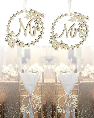 QLEUIFT Mr Mrs Stuhl Dekor Schild Hölz, 2 Stück Mr und Mrs Stuhlschilder Mr Mrs Deko Hochzeit Stuhl Verlobungsfeier Braut und Bräutigam Hochzeit Stuhl Dekor Schild Mr & Mrs deko Hochzeit von QLEUIFT