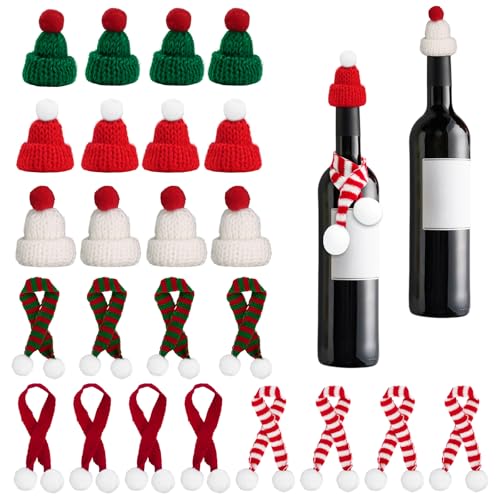 24 Stücke Mini Weihnachtsmütze und Strickschal Set, Kleine Weihnachtsmützen Nikolausmütze mit Rot Grün Weiß, Niedliche Lollipop Mütze Dekorationen für Flaschen zum Befüllen (Grün, Rot, Weiß) von QLFJ-FurDec