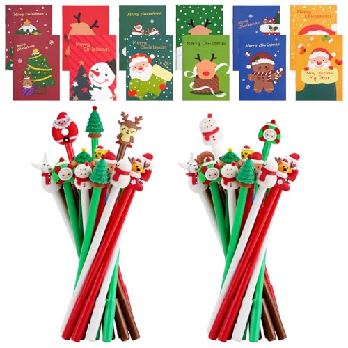 26pcs Weihnachten Gelschreiber mit 12pcs Niedlich notizblock klein, Tinte Stifte schwarzer Tinte in 26 Cartoon-Stil, glatte RollerBall Kugelschreiber Schneemann Santa Rentier Baum für Party Geschenk von QLFJ-FurDec