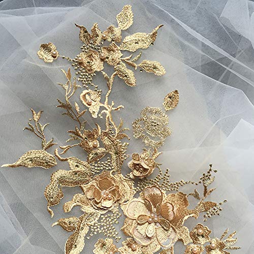 QLING 3D Stickerei Perlen Spitze Applikation Blumen Strass Tüll Besatz Besetzter Stoff für DIY Ausschnitt Hochzeit Brautkleid Kleidung Stickerei Dekoration, nicht null, goldgelb, Free Size von QLING