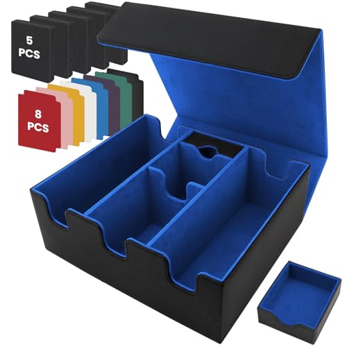 QLOUNI Karten Aufbewahrungsbox für Sammelkarten, 1900+ PU Leder Magnetverschluss TCG Aufbewahrungsbox Halten 5 Commander Deck Boxen, Geeignet für MTG, YuGiOh und Sportkarten, Schwarz und Blau von QLOUNI