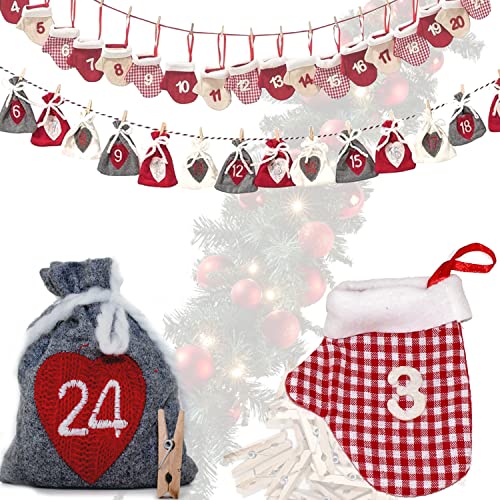 ADVENT KALENDER ZUM BEFÜLLEN Kinder Männer Beauty Beutel Tüten Säckchen extra groß 10x12 Stoff Holz- Klammern (Säckchen) von QMBasic