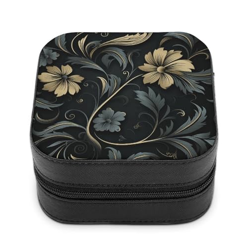 QMKFWT Elegante schwarze Blumen-Schmuckschatulle aus PU-Leder, Schmuck-Organizer-Box, personalisierbar, kleine Schmuckschatulle, tragbare Mini-Schmuckschatulle für Ohrringe, Ringe, Halsketten, von QMKFWT