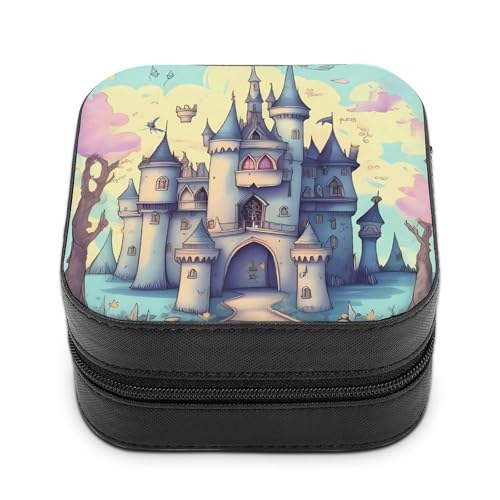 QMKFWT Fairytale Castle Schmuckschatulle aus PU-Leder, personalisierbar, kleine Schmuckschatulle, tragbar, Mini-Schmuckschatulle für Ohrringe, Ringe, Halsketten, tragbare Geschenkidee von QMKFWT