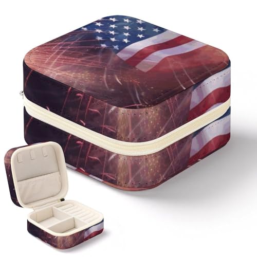 QMKFWT Feuerwerk Amerikanische Flagge 4. Juli Schmuckschatulle Mini tragbare Schmuck-Reise-Boxen kleiner Schmuck-Organizer für Ringe, Ohrringe, Anhänger, Halsketten, Organizer, Aufbewahrung, Etui, von QMKFWT