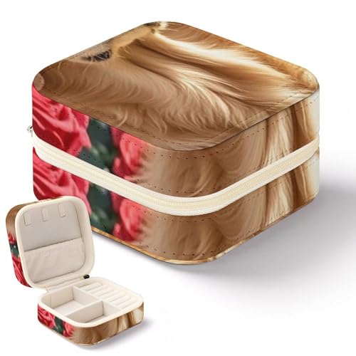 QMKFWT Golden Retriever und Blumen Schmuckschatulle Mini tragbare Schmuck-Reise-Boxen kleiner Schmuck-Organizer für Ringe, Ohrringe, Anhänger, Halsketten, Organizer, Aufbewahrungsbox, Geschenk von QMKFWT