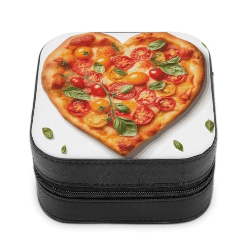 QMKFWT Herzförmige Pizza-Schmuckschatulle, PU-Leder, Schmuck-Organizer-Box, personalisierbar, kleine Schmuckschatulle, tragbare Mini-Schmuckschatulle für Ohrringe, Ringe, Halsketten, tragbare von QMKFWT