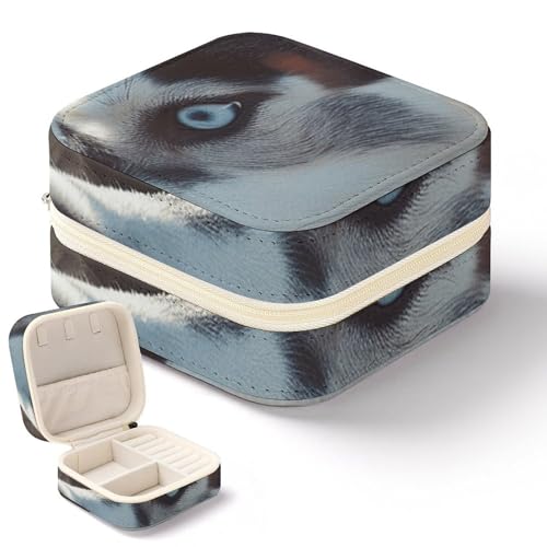 QMKFWT Mini-Schmuckkästchen mit blauen Augen und Husky-Motiv, tragbar, Reise-Box, kleiner Schmuck-Organizer für Ringe, Ohrringe, Anhänger, Halsketten, Organizer, Aufbewahrung, Etui, Geschenk von QMKFWT