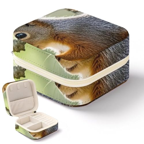 QMKFWT Mini-Schmuckschatulle, Motiv: Eichhörnchen im Wald, tragbar, Reise-Box, kleiner Schmuck-Organizer für Ringe, Ohrringe, Anhänger, Halsketten, Organizer, Aufbewahrungsbox, Geschenk von QMKFWT