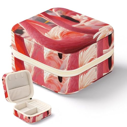 QMKFWT Mini-Schmuckschatulle mit Flamingo-Party-Motiv, tragbar, Reise-Box, kleiner Schmuck-Organizer für Ringe, Ohrringe, Anhänger, Halsketten, Organizer, Aufbewahrung, Etui, Geschenk von QMKFWT