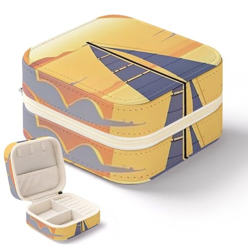 QMKFWT Mini-Schmuckschatulle mit Sonnenuntergang und Segelboot, tragbar, für Ringe, Ohrringe, Anhänger, Halsketten, Organizer, Aufbewahrungsbox, Geschenk von QMKFWT