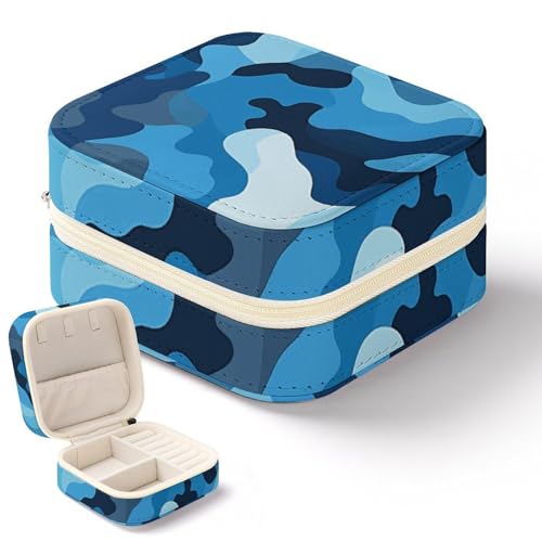 QMKFWT Mini-Schmuckschatulle mit blauem Camouflage-Muster, tragbar, Reise-Box, kleiner Schmuck-Organizer für Ringe, Ohrringe, Anhänger, Halsketten, Organizer, Aufbewahrung, Etui, Geschenk von QMKFWT