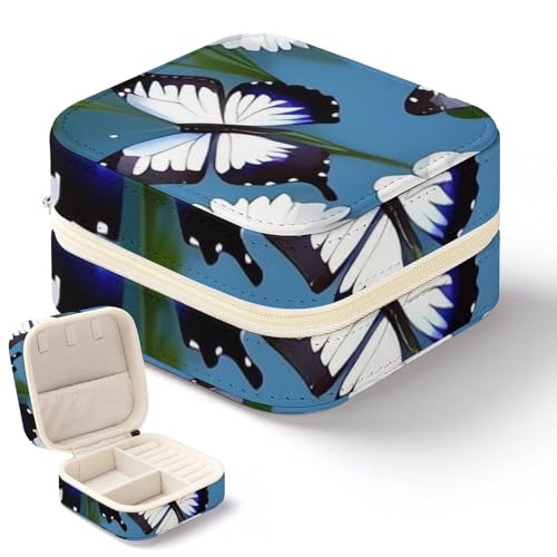 QMKFWT Mini-Schmuckschatulle mit blauen Schmetterlingen, weißen Blumen, Reise-Boxen, kleiner Schmuck-Organizer für Ringe, Ohrringe, Anhänger, Halsketten, Organizer, Aufbewahrungsbox, Geschenk von QMKFWT