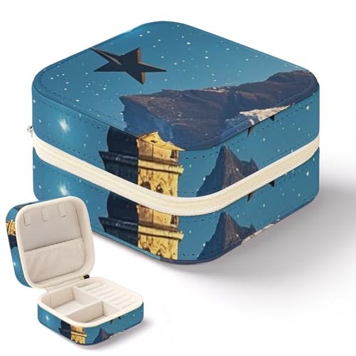 QMKFWT Nightsky Schmuckkästchen zum Aufhängen, Mond und Sterne, Mini-Reise-Boxen, kleiner Schmuck-Organizer für Ringe, Ohrringe, Anhänger, Halsketten, Organizer, Aufbewahrung, Etui, Geschenk von QMKFWT