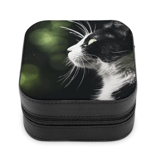 QMKFWT Schmuckkästchen mit schwarzer und weißer Katze, PU-Leder, personalisierbar, kleine Schmuckschatulle, tragbare Mini-Schmuckschatulle für Ohrringe, Ringe, Halsketten, tragbare Geschenkidee von QMKFWT