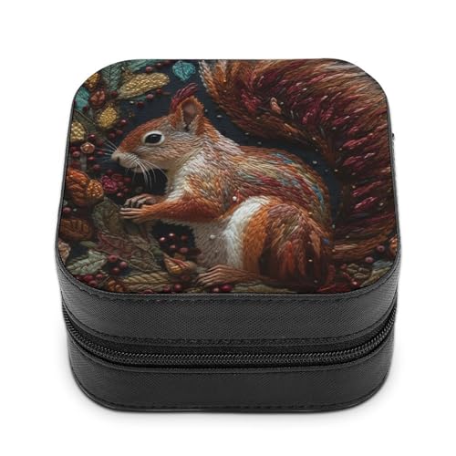 QMKFWT Schmuckschatulle mit Eichhörnchen-Stickerei, PU-Leder, Schmuck-Organizer, kleine Schmuckschatulle, tragbar, Mini-Schmuckschatulle für Ohrringe, Ringe, Halsketten, tragbare Geschenkidee von QMKFWT