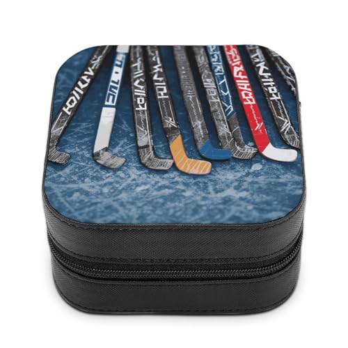 QMKFWT Schmuckschatulle mit Eishockeyschlägern, PU-Leder, personalisierbar, kleine Schmuckschatulle, tragbar, Mini-Schmuckkästchen für Ohrringe, Ringe, Halsketten, tragbare Geschenkidee von QMKFWT