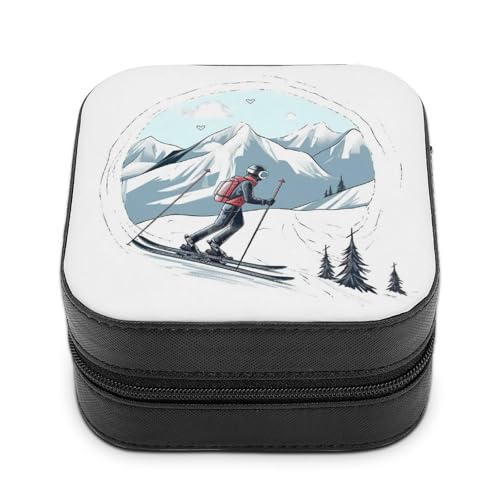 QMKFWT Schmuckschatulle mit Ski-Thema, PU-Leder, personalisierbar, kleine Schmuckschatulle, tragbar, Mini-Schmuckkästchen für Ohrringe, Ringe, Halsketten, tragbare Geschenkidee von QMKFWT