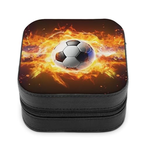 QMKFWT Schmuckschatulle mit brennendem Fußballball, PU-Leder, personalisierbar, kleine Schmuckschatulle, tragbar, Mini-Schmuckkästchen für Ohrringe, Ringe, Halsketten, tragbare Geschenkidee von QMKFWT