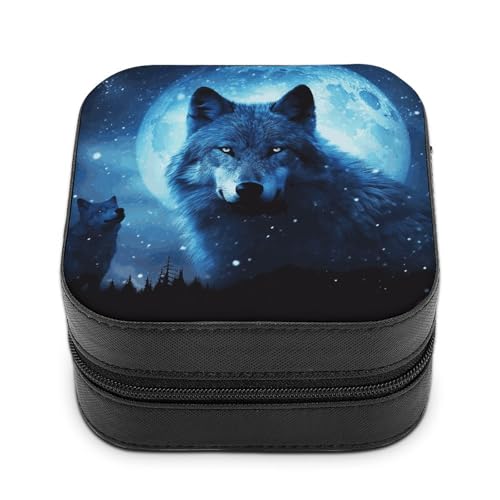 Wolfs Schmuckschatulle aus PU-Leder, personalisierbar, kleine Schmuckschatulle, tragbar, Mini-Schmuckschatulle für Ohrringe, Ringe, Halsketten, tragbare Geschenkidee von QMKFWT