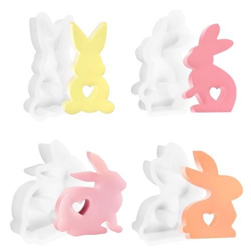 QMLING 4 Stück Silikonformen Gießformen Ostern, 3D Kaninchen Silikonform Ostern, Niedliche Silikonform Hase, Ostern Hasenform für Sojawachs Kerzen Gips von QMLING