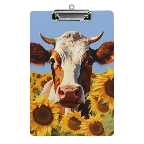 Klemmbrett mit Sonnenblumenkuh, Acryl-Klemmbrett, A4-Klemmbretter, Briefgröße, Klemmbretter, Büro-Klemmbrett, Menü-Klemmbrett, Formulare, Halter, UV-Druck, Klemmbrett für Zuhause von QMNVBDS