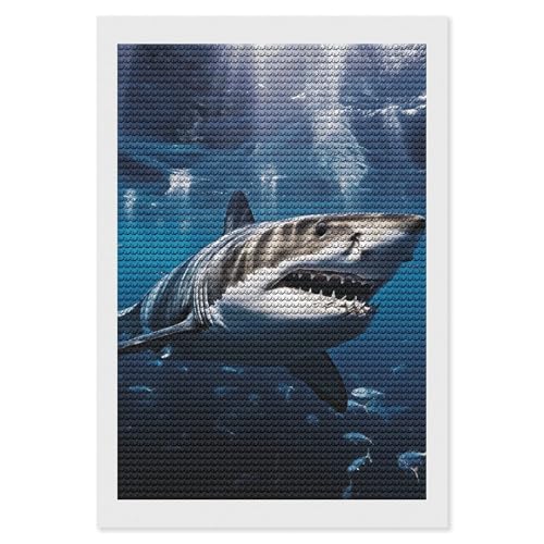 QMNVBDS Great White Shark Diamond Painting Diamond Art Kits for Adults Round Dirll Diamond Painting Kit Diamond Painting Kits for Adults Beginners Gem Art DIY 5D Diamond Art Kits 20,3 x 30,5 cm von QMNVBDS