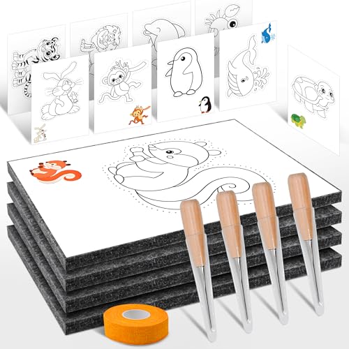 QMofeixiaodianQ Prickelnadel Set Kinder mit 4 Prickelnadel, 4 Prickelfilz, 20 Stickbilder& 1 Fingerschutzbandage, Prickelset Für Kinder Ab 3 Jahre,Prickeln, Stickbilder für kinder von QMofeixiaodianQ