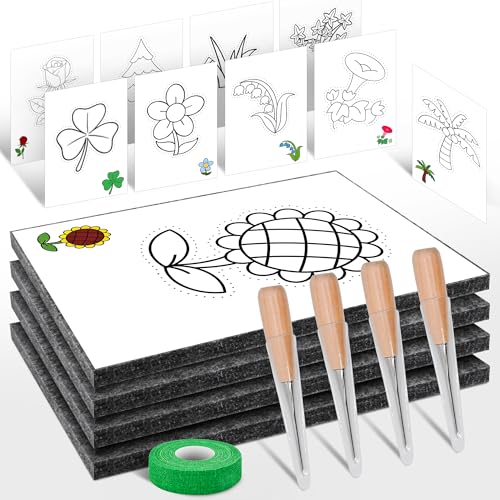 QMofeixiaodianQ Prickelnadel Set Kinder mit 4 Prickelnadel, 4 Prickelfilz, 20 Stickbilder& 1 Fingerschutzbandage, Prickelset Für Kinder Ab 3 Jahre,Prickeln, Stickbilder für kinder von QMofeixiaodianQ