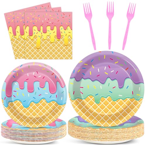 QOUBAI 100 Stück Eiscreme-Partyteller und Servietten, rosa Süßes Eis, Partyzubehör, Eiscreme-Party-Dekorationen, Sommer-Eis, Geschirr, Partygeschenke für Mädchen, Babyparty, Eis, Partygeschenke von QOUBAI