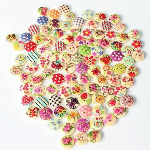 100 bunte Holzknöpfe, gemischt, 2H, Kleidung, Kinder, natürliche Nähknöpfe für Bekleidung, Scrapbooking, DIY-Kleidungszubehör, 24L-Ländliche Knöpfe von QOVBD