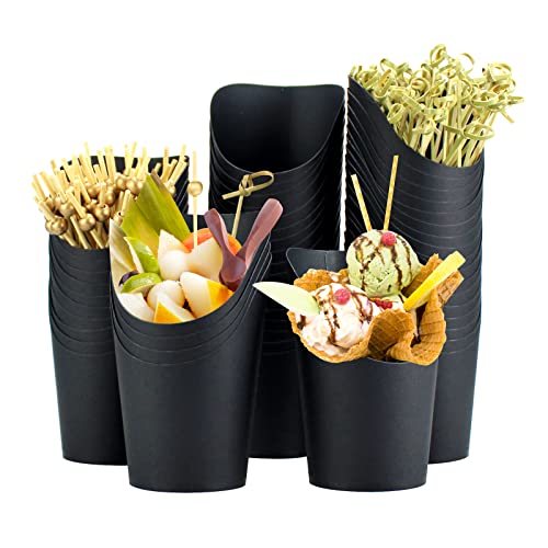 QPEY [50 Tassen + 100 Picks 400 ml schwarze Charcuterie-Tassen mit Cocktailspießen, Pommes Frites-Halter, Pommes-Tüten, Einweg-Papier-Vorspeisenbecher für alle Anlässe (schwarz) von QPEY