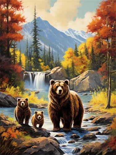 Diamond Painting Brauner Bär Wasserfall, Diamond Painting Erwachsene 40x50cm, DIY Diamant Painting Bilder Kit, 5D Diamond Painting Set Daiments Painting Erwachsene für Zuhause Wanddekoration -YZ277 von QQFENG