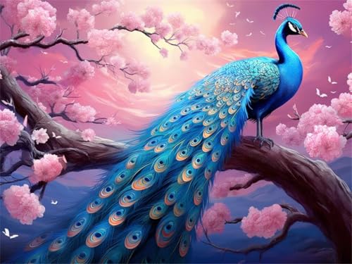 Diamond Painting Erwachsene 5D Diamond Painting Pfau Blume, DIY Full Drill Diamant Painting Bilder, Diamond Painting Set Diamond-Painting Diamant Kunst Malerei für Home Wand Dekor 30x20cm - YZ615 von QQFENG