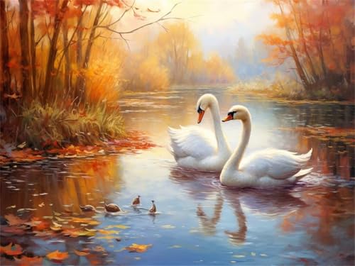 Diamond Painting Erwachsene 5D Diamond Painting Schwan Herbstlandschaft, DIY Diamant Painting Bilder, Diamond Painting Set Diamond-Painting Diamant Kunst Malerei für Home Wand Dekor 100x70cm -YZ567 von QQFENG