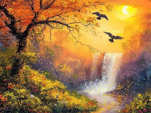 Diamond Painting Erwachsene 5D Diamond Painting Sonnenuntergang Wasserherbstlandschaft, Full Drill Diamant Painting Bilder, Diamond Painting Set Diamant Kunst Malerei für Wand Dekor 40x30cm -YZ582 von QQFENG