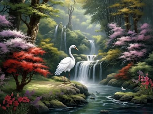 Diamond Painting Erwachsene 5D Diamond Painting Wald Wasserfall Schwan, DIY Diamant Painting Bilder, Diamond Painting Set Diamond-Painting Diamant Kunst Malerei für Home Wand Dekor 100x70cm -YZ1107 von QQFENG