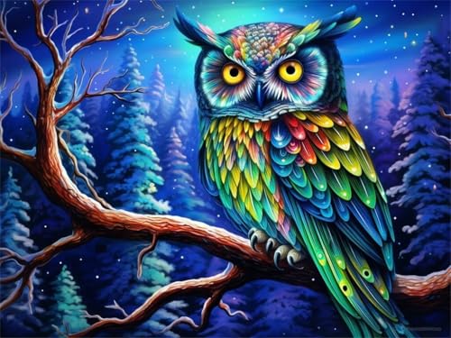 Diamond Painting Eule Wald, Diamond Painting Erwachsene Groß 50x40cm, DIY Diamant Painting Bilder Kit, 5D Diamond Painting Set Daiments Painting Erwachsene für Geschenk Zuhause Wanddekoration -YZ601 von QQFENG