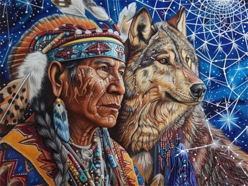 Diamond Painting Indischer Alter Mann Diamant Painting Bilder, 5D Diamond Painting Erwachsene, Full Drill Diamond Painting Wolf Cross Stickerei Malerei Diamond-Painting für Home Décor 100x70cm -YZ623 von QQFENG