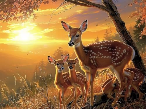 Diamond Painting Kleine Hirsche Sonnenuntergang, Diamond Painting Erwachsene Groß 100x70cm, DIY Diamant Painting Bilder Kit, 5D Daiments Painting Erwachsene für Geschenk Zuhause Wanddekoration -YZ631 von QQFENG