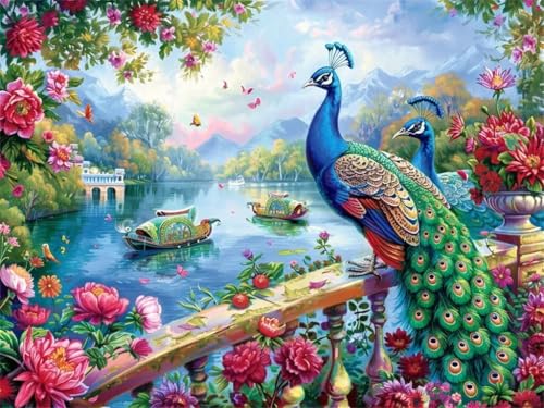 Diamond Painting Pfau See, Diamond Painting Erwachsene Groß 100x70cm, DIY Diamant Painting Bilder Kit, 5D Diamond Painting Set Daiments Painting Erwachsene für Geschenk Zuhause Wanddekoration -YZ559 von QQFENG