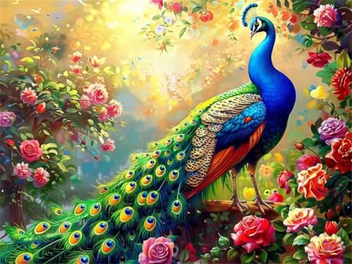 Diamond Painting Rose Pfau, Diamond Painting Erwachsene Groß 100x70cm, DIY Diamant Painting Bilder Kit, 5D Diamond Painting Set Daiments Painting Erwachsene für Geschenk Zuhause Wanddekoration -YZ577 von QQFENG