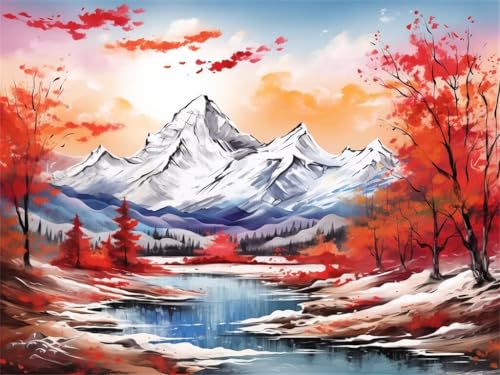 Diamond Painting Schneeberg Diamant Painting Bilder, 5D Diamond Painting Erwachsene, Full Drill Diamond Painting Fluss Cross Stickerei Malerei Diamond-Painting Kits für Home Wand Décor 40x30cm -YZ1091 von QQFENG